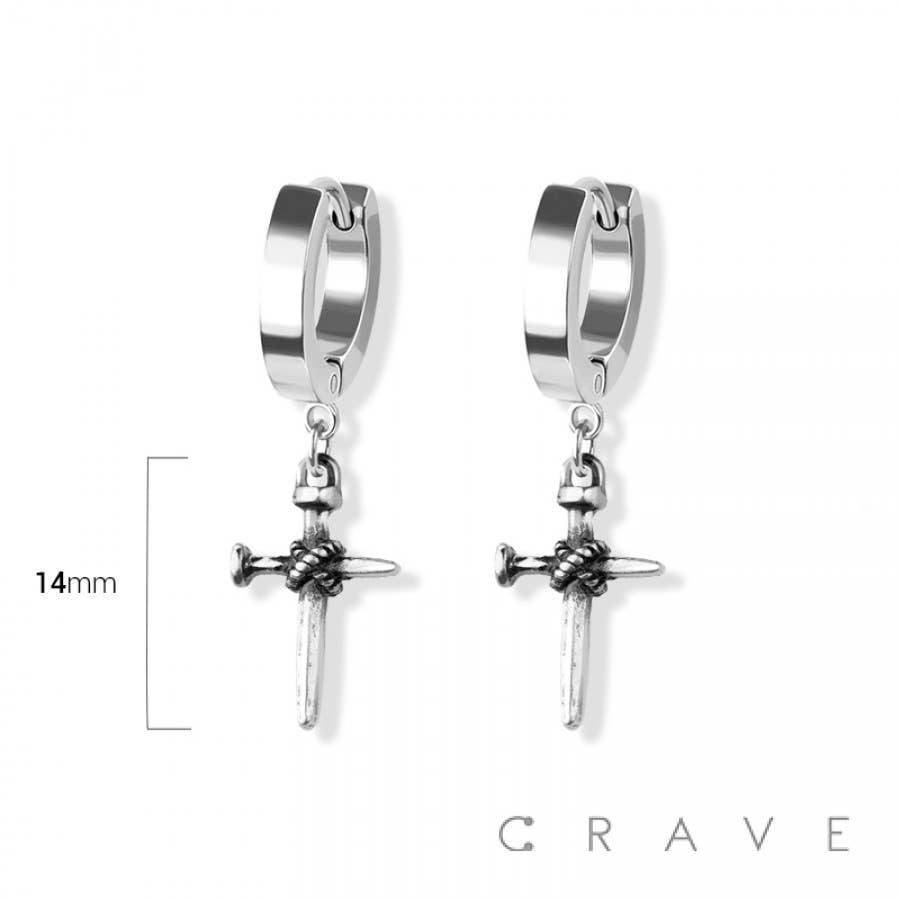 PAIR OF 316L SS HUGGIE/HOOP EARRINGS WITH CROSS STAKE DANGLE
