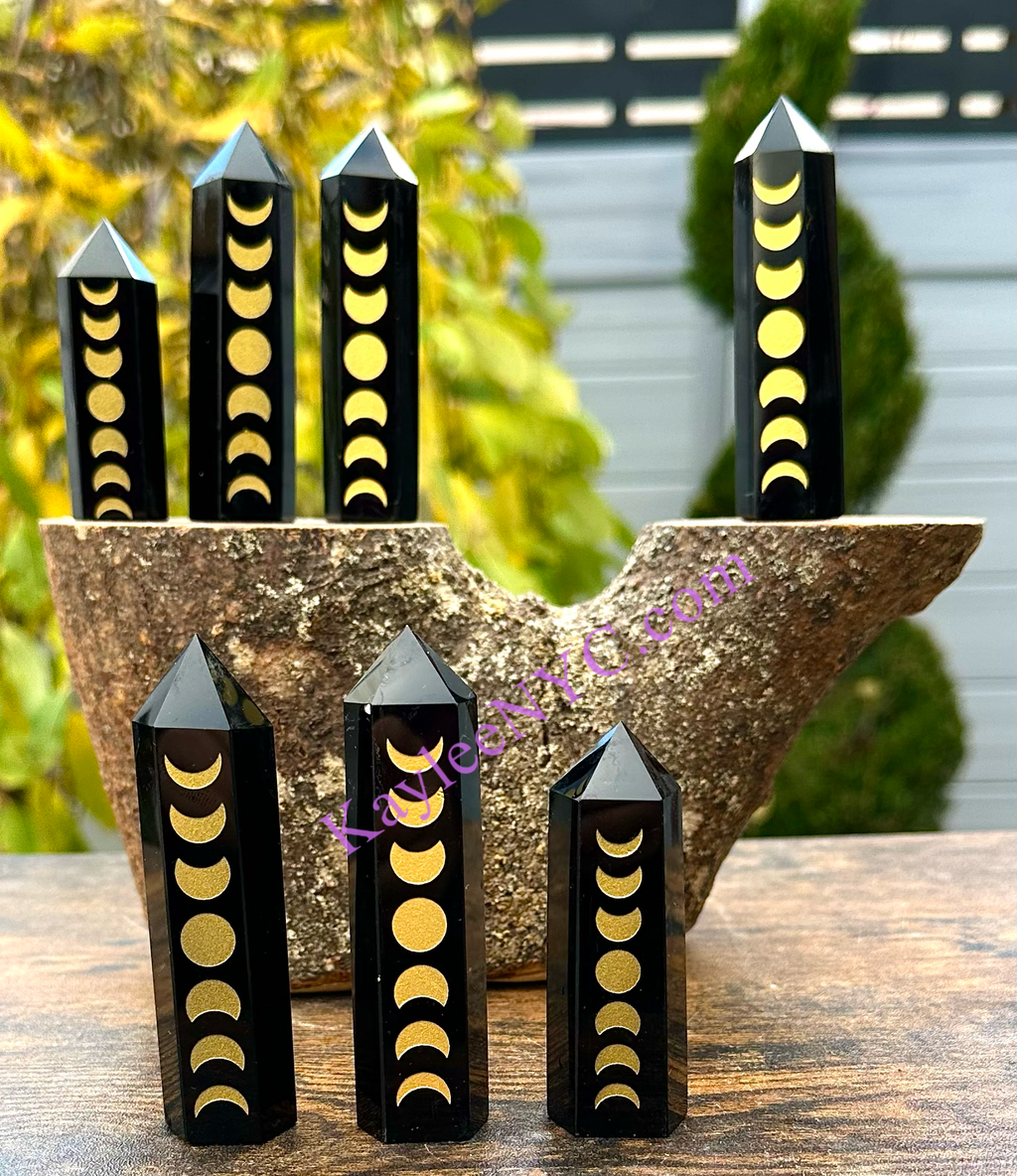 Natural Black Obsidian Etched Moons Tower