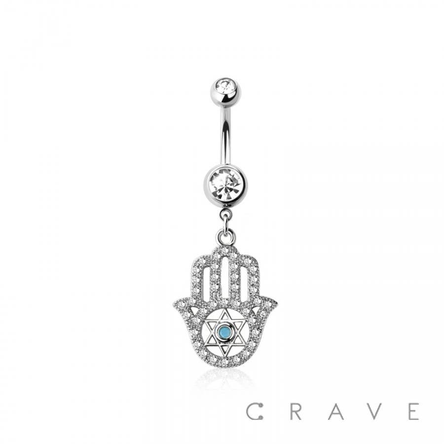 316L SURGICAL STEEL HAMSA HAND MULTI CZ DANGLE BELLY BUTTON