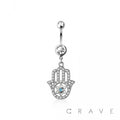 316L SURGICAL STEEL HAMSA HAND MULTI CZ DANGLE BELLY BUTTON