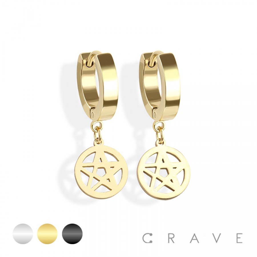 PAIR OF 316L SS HUGGIE/HOOP EARRINGS WITH STAR DANGLE