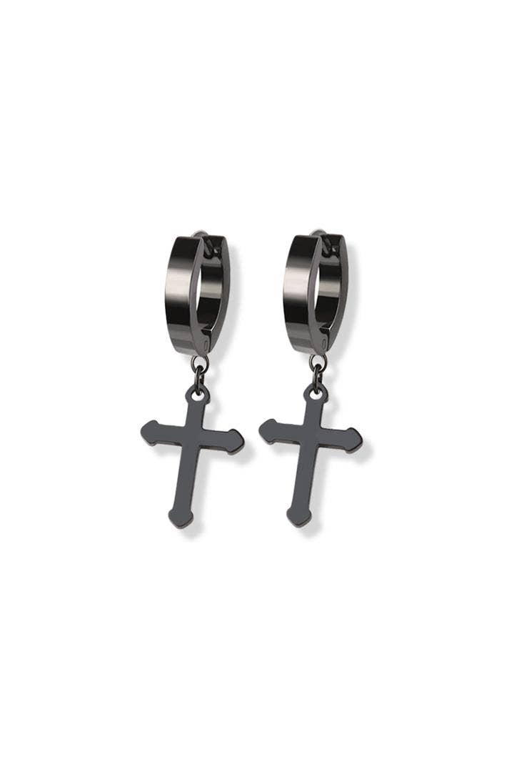PAIR OF 316L STAINLESS STEEL HUGGIE/HOOP EARRINGS WITH CROSS