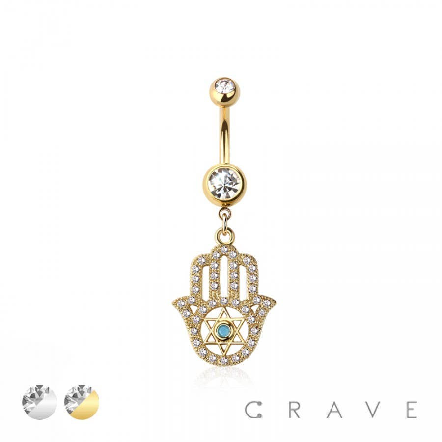 316L SURGICAL STEEL HAMSA HAND MULTI CZ DANGLE BELLY BUTTON