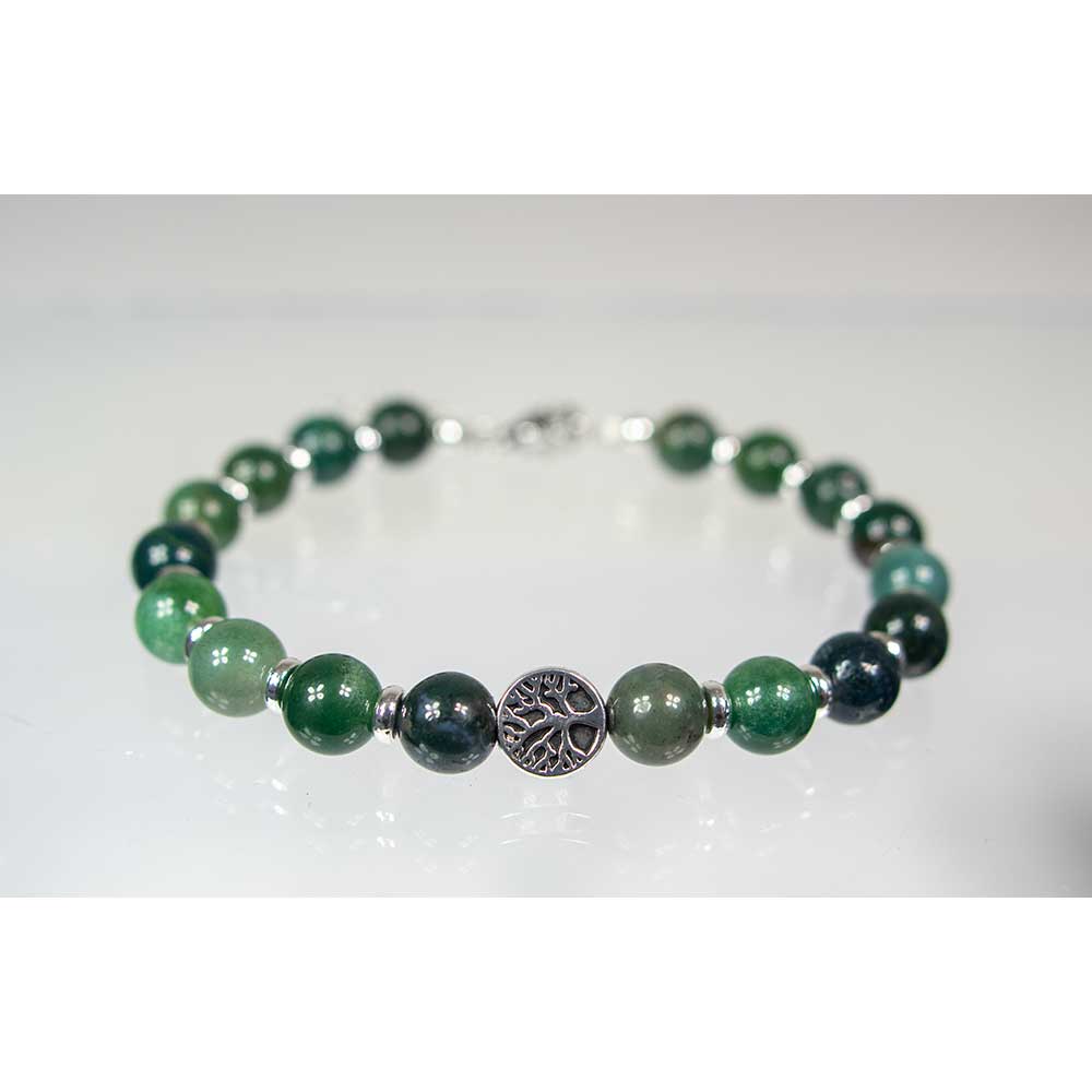 Adj Clasp Bracelet 8mm Bead Moss Agate w/Tree of Life&Accent