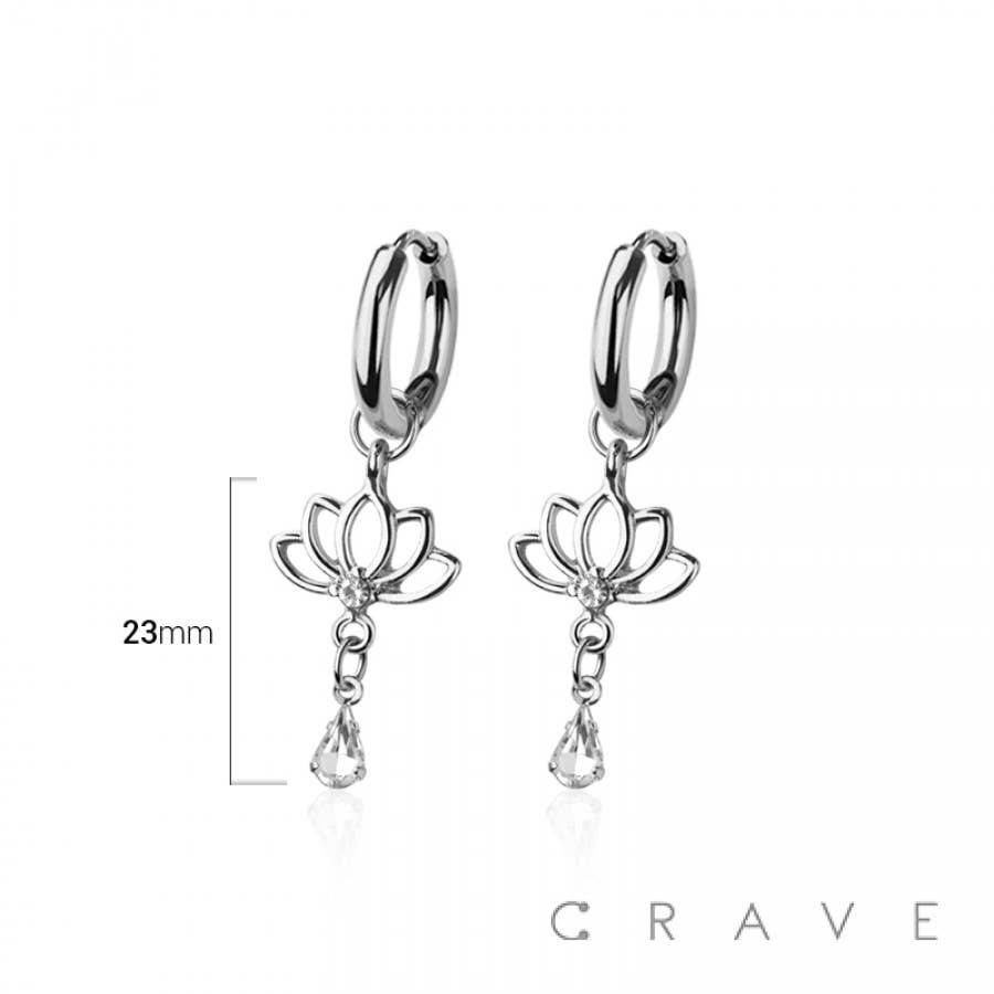 PAIR OF 316L STAINLESS STEEL HUGGIE/HOOP CENTER CZ LOTUS FLO