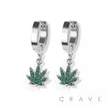 PAIR OF 316L SS EARRINGS W/GEM PAVED MARIJUANA PENDANT