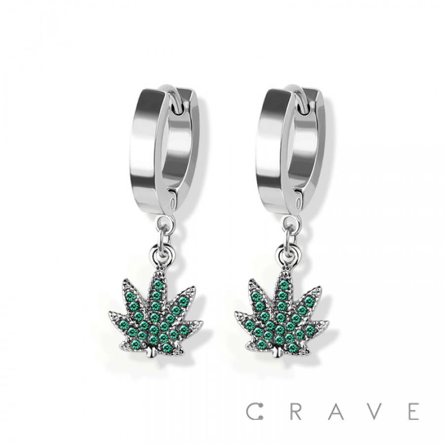 PAIR OF 316L SS EARRINGS W/GEM PAVED MARIJUANA PENDANT