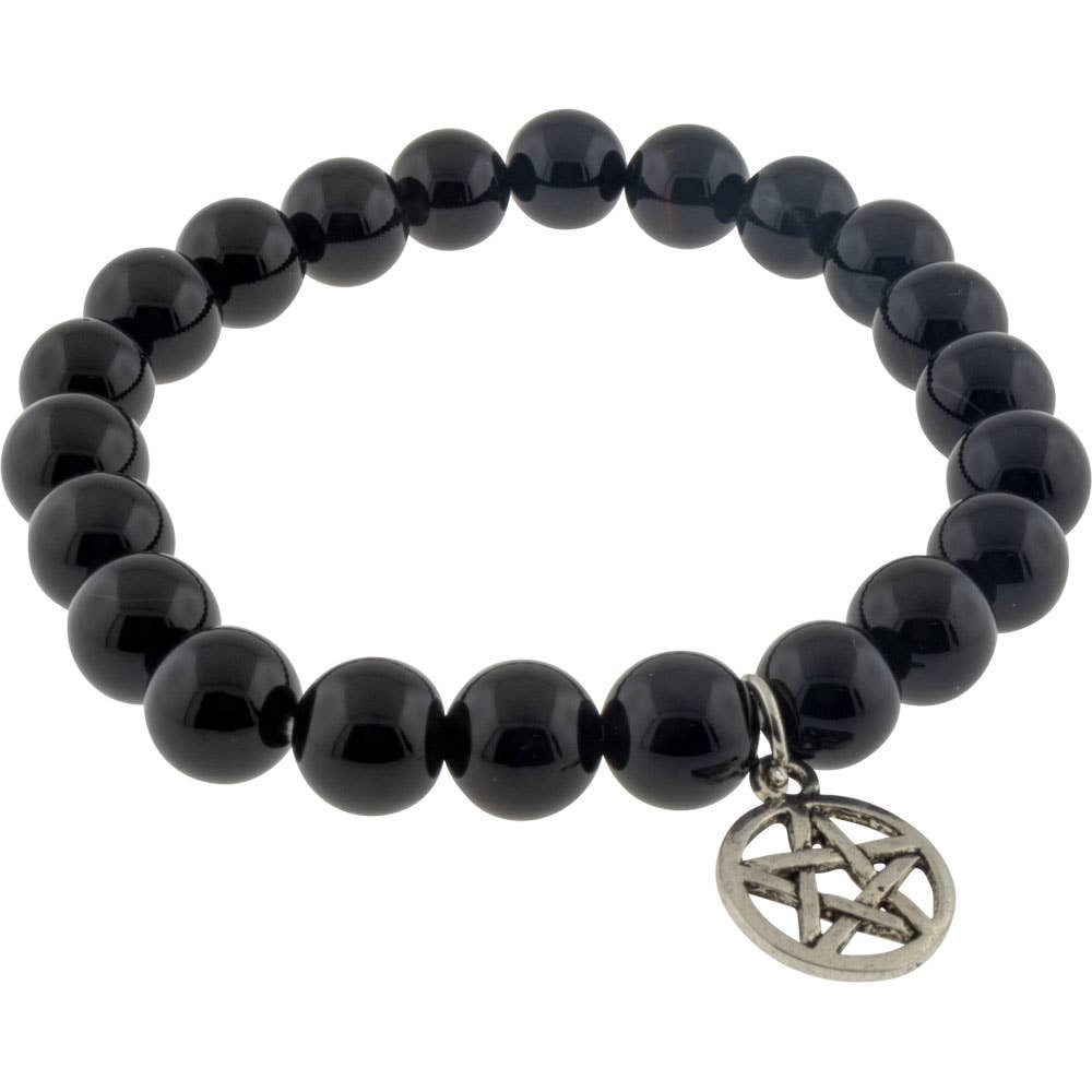 Elastic Bracelet 8mm Round Beads - Black Agate w/ Pentacle