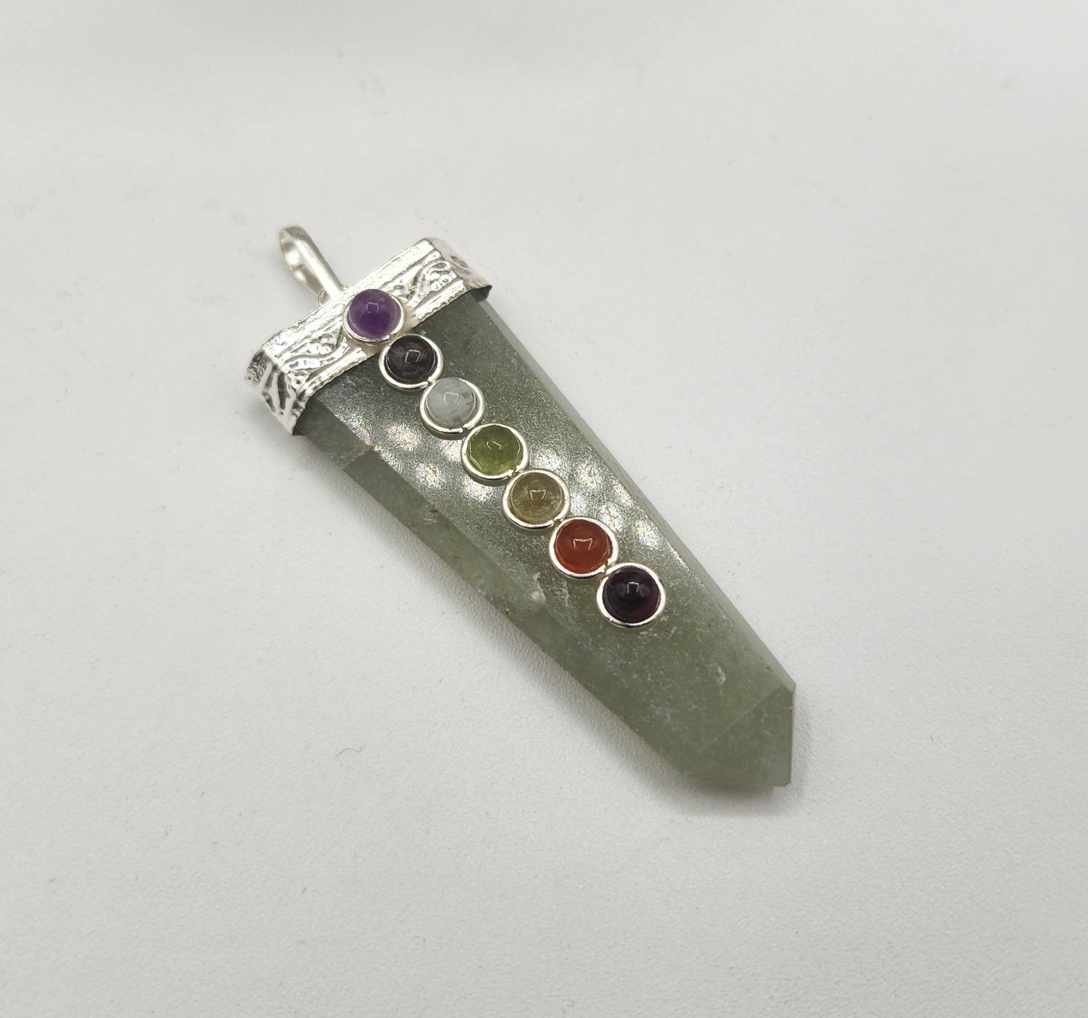 Green Aventurine Flat Gemstone Pendant w/Chakra Silver Color