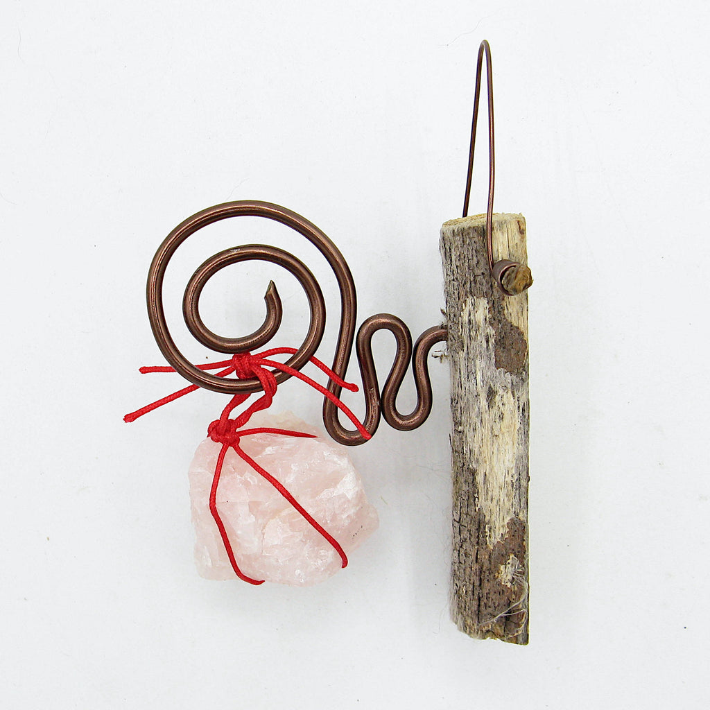 Wall Hanging: Weathered Branch with Rose Quartz and Spiral Bracket - Handcrafted